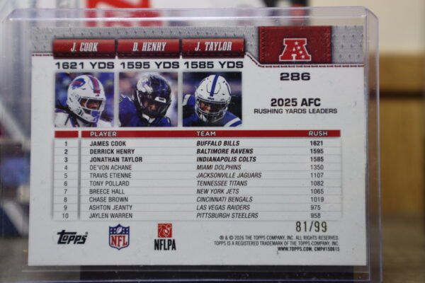 AFC Rush Leaders 2026 Topps Flagship Football Green Sandglitter 81/99